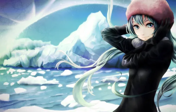 Picture ice, girl, snowflakes, lights, hat, art, vocaloid, hatsune miku