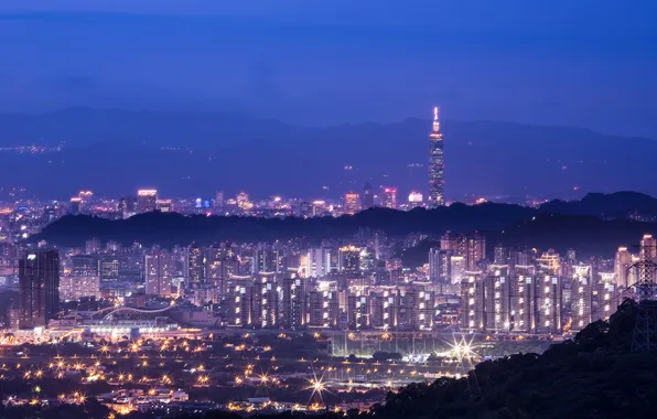 Night, the city, lights, building