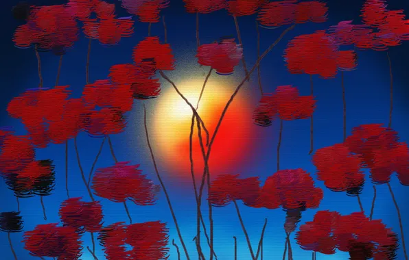 The sun, flowers, abstraction, paint, picture, canvas