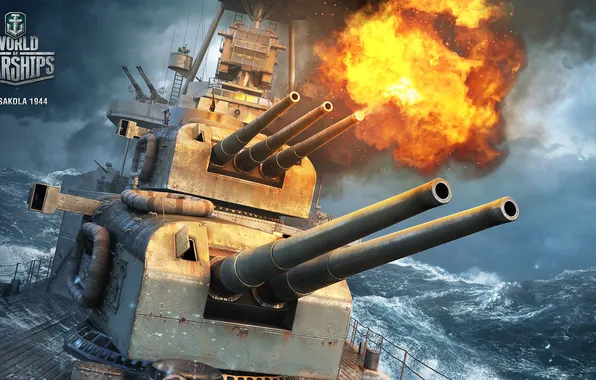 Storm, fire, smoke, ship, gun, shot, 1944, sea battle