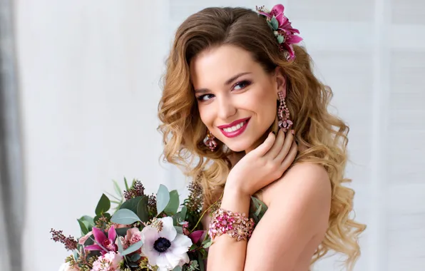 Picture girl, decoration, flowers, smile, background, portrait, makeup, hairstyle