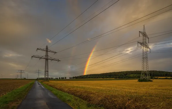 Road, field, rainbow, power lines