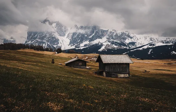Field, autumn, the sky, grass, snow, mountains, fog, overcast
