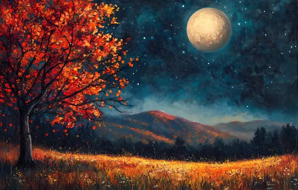 Picture field, autumn, trees, mountains, night, the moon, imitation painting, AI art