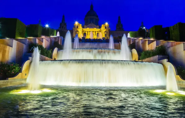 Night, design, lights, waterfall, lights, Spain, cascade, fountains