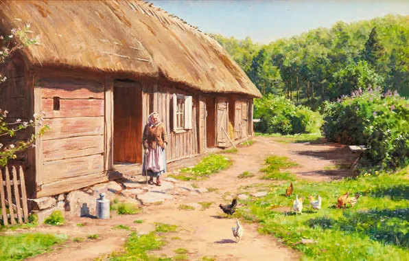1908, Johan Krouthen, Swedish artist, Swedish painter, Johan Krowten, oil on canvas, Farm Scene, Rural …