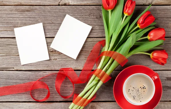 Love, flowers, coffee, bouquet, Cup, hearts, tulips, red