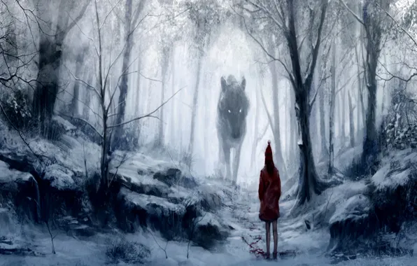 Cold, forest, snow, fog, blood, the victim, wolf, predator