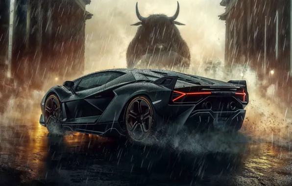 Black, Lamborghini, Rain, Bull, Art, Bull, Lamborghini Scrambled