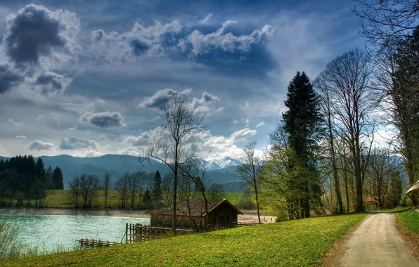 Road, the sky, clouds, trees, mountains, lake, house, pond