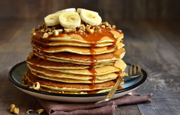 Nuts, banana, caramel, pancake