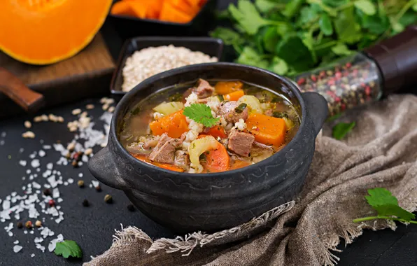 Greens, soup, meat, vegetables, The first dish