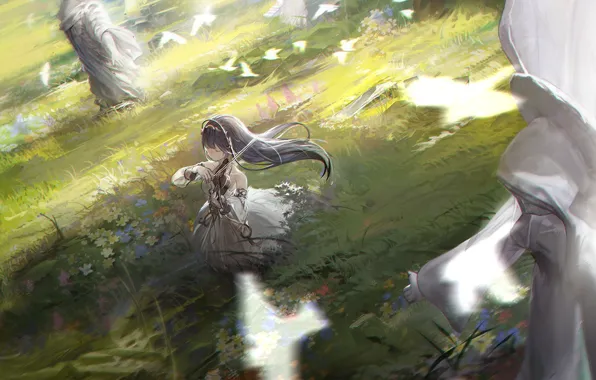 Girl, flowers, birds, glade, violin, Punishing: Gray Raven