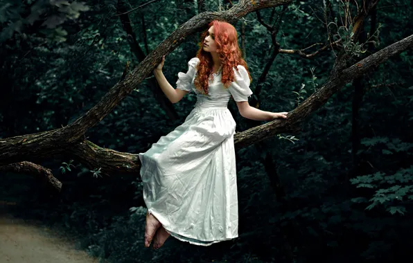 Forest, girl, dress, redhead, Pauline