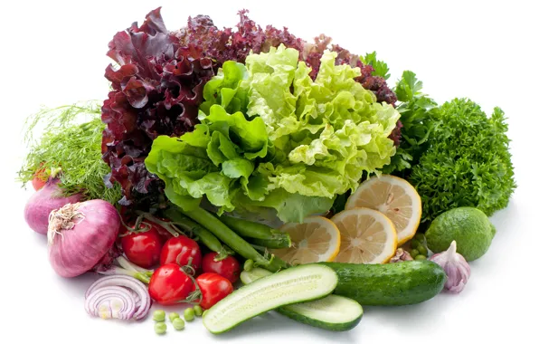 Picture greens, leaves, lemon, bow, vegetables, tomatoes, cucumbers, salad