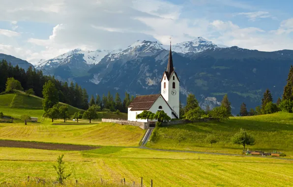 Picture field, trees, mountains, Switzerland, Alps, Church, Versam Graubünden