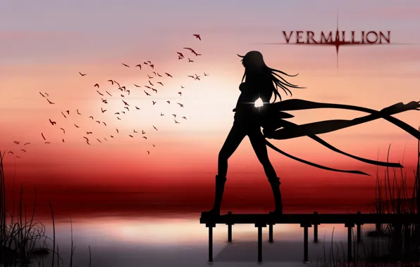 Picture grass, water, girl, sunset, bird, silhouette, vermillion