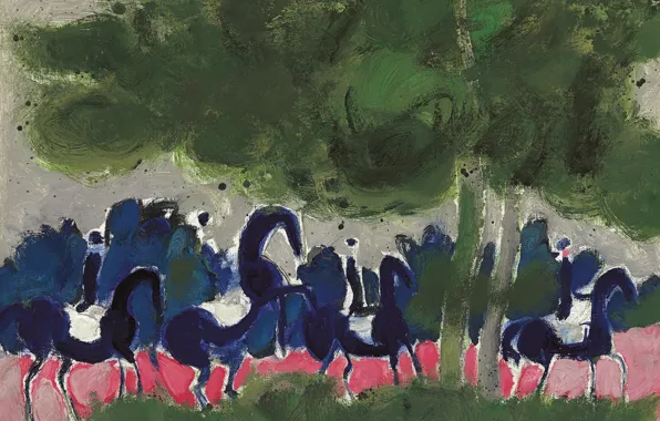 Picture trees, landscape, horse, picture, Andre Brasilier, The four horsemen in the Forest