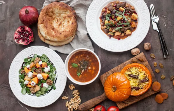 Soup, Garnet, salad, Cuts, pilaf, Pita