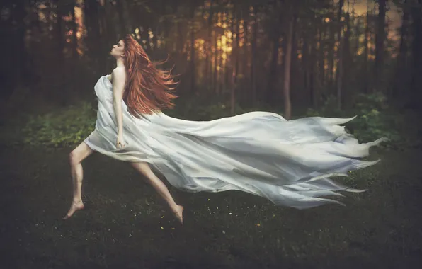 Forest, girl, red, step