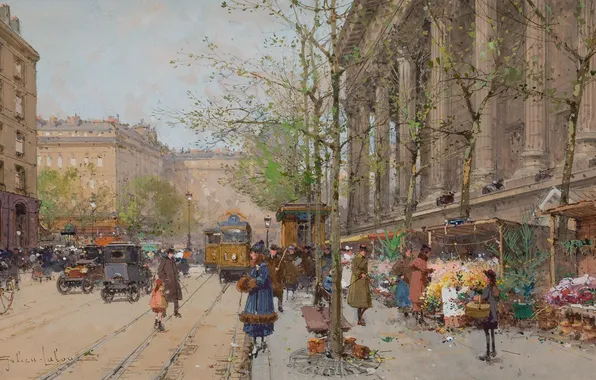 The city, people, street, picture, trams, Eugene Galien-Laloue, Flower Market La Madeleine