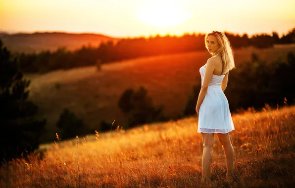 Picture Sunset, The sun, Girl, Model, Dress, White, Eugene, Beautiful