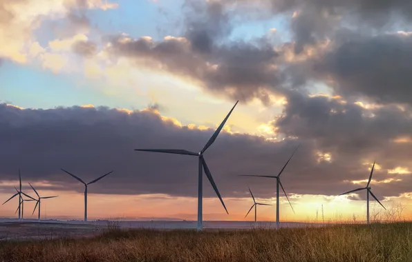 Landscape, sunset, windmills