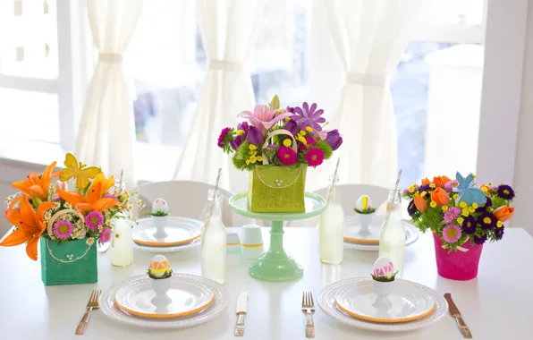 Table, gift, bouquet, Breakfast, petals, serving