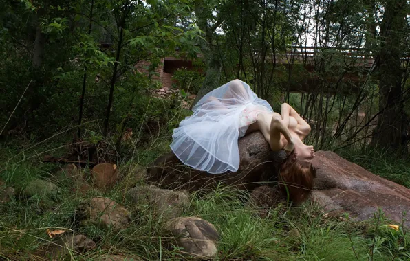 Grass, trees, bridge, pose, stones, model, body, skirt