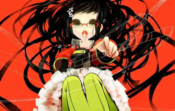 Red, background, hair, glasses, Girl, sitting, gesture, long