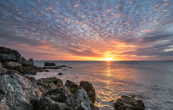 Sea, the sky, sunset, rocks, France, New-Caledonia