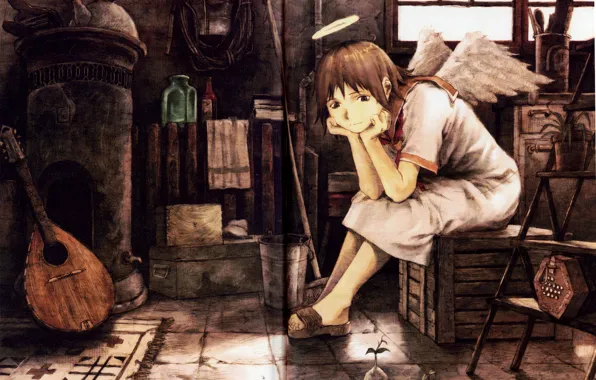 Picture room, wings, angel, sitting, halo, haibane renmei