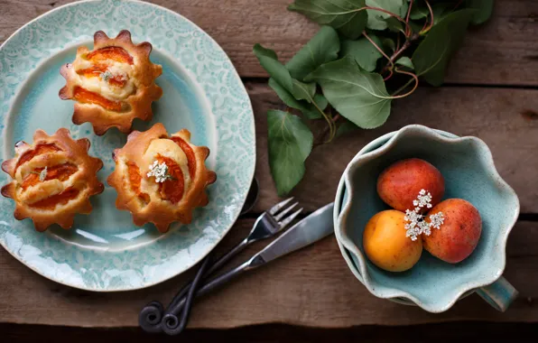 Picture table, branch, fruit, cakes, sweet, cupcakes, apricots, Julia Khusainova