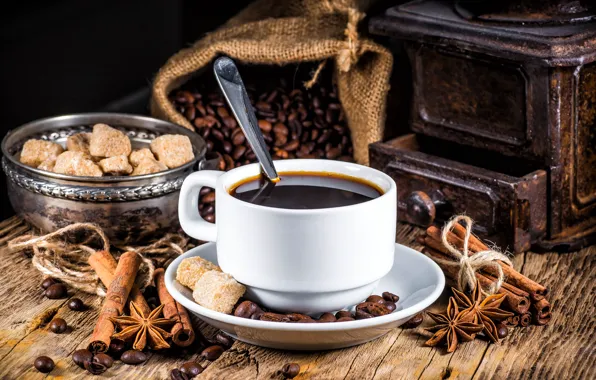 Coffee, sugar, cinnamon, coffee beans, carnation