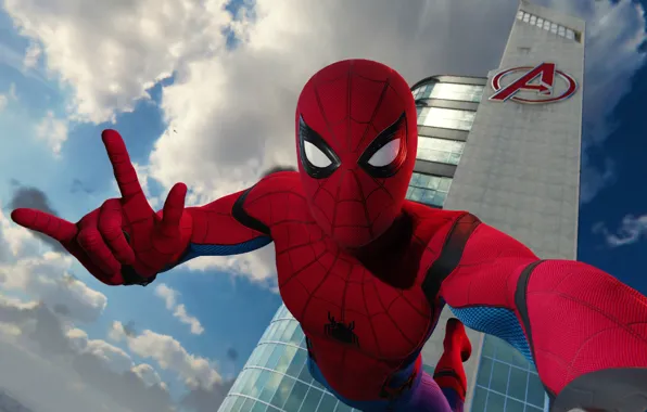 The sky, clouds, pose, background, costume, gesture, flies, skyscraper