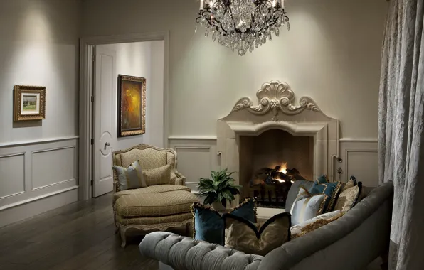 Design, room, sofa, interior, chair, pillow, chandelier, pictures