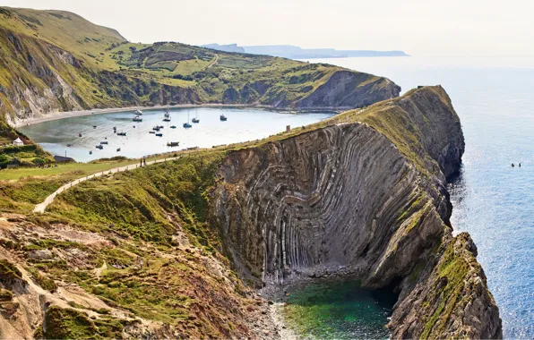 Picture mountains, nature, boat, England, England, The Jurassic coast, Lulworth Bay, Lulworth Cove along Jurassic Coast
