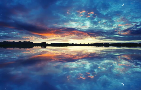 The sky, water, stars, clouds, reflection, lake, river, the moon