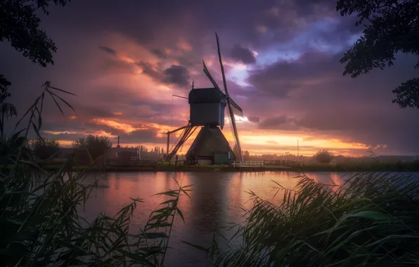 Picture river, rain, the evening, mill, channel, Netherlands
