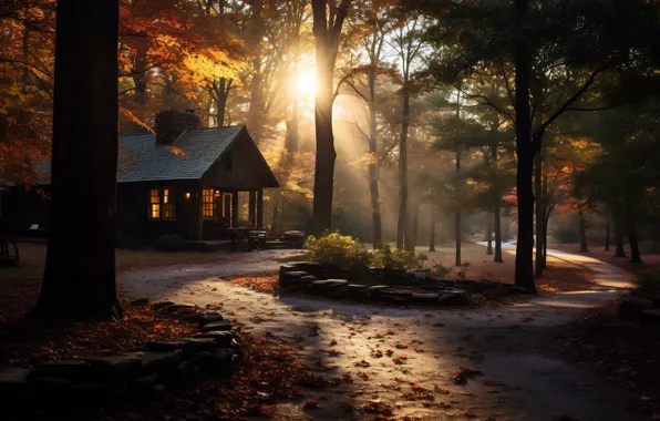 Autumn, forest, the sun, light, trees, fog, house, Park