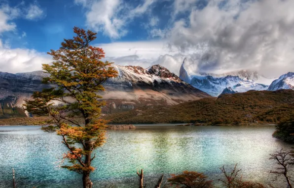 Picture clouds, mountains, lake, tree