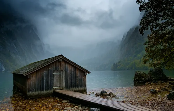 Mountains, Fog, Lake, Forest, House, Shore, Landscape