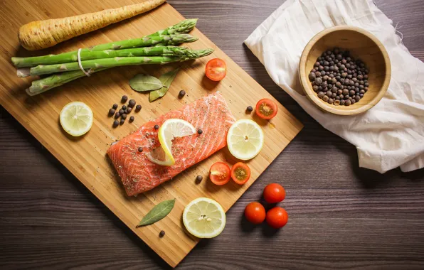 Fish, Board, tomatoes, spices, salmon