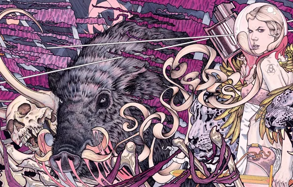 Abstract, animals, skulls, tigers, Psychedelic, girl with gun, boars, 3600x1802