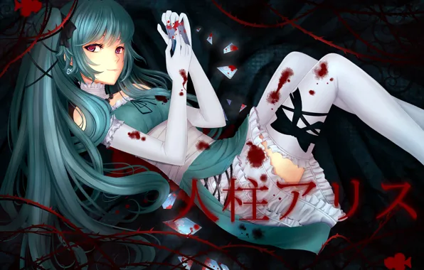 Card, the inscription, blood, stockings, characters, gloves, Hatsune Miku, Vocaloid