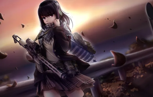 Picture road, girl, sunset, weapons, anime, headphones, art, tc1995