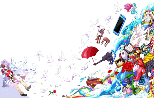 Flower, girl, birds, people, things, rose, umbrella, anime