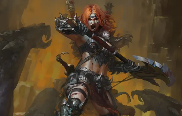 Picture axe, fight, diablo 3, female, rage, barbarian