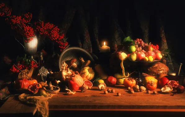 Picture autumn, apples, candles, October, harvest, pumpkin, fruit, nuts