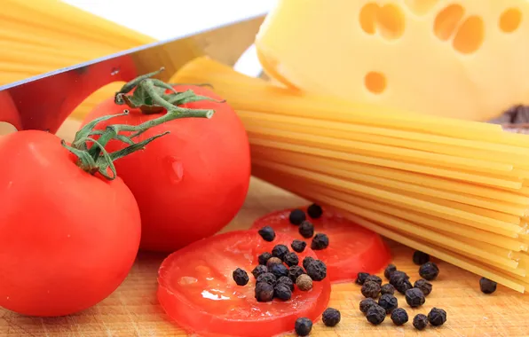 Black, cheese, pepper, tomatoes, spaghetti, spaghetti